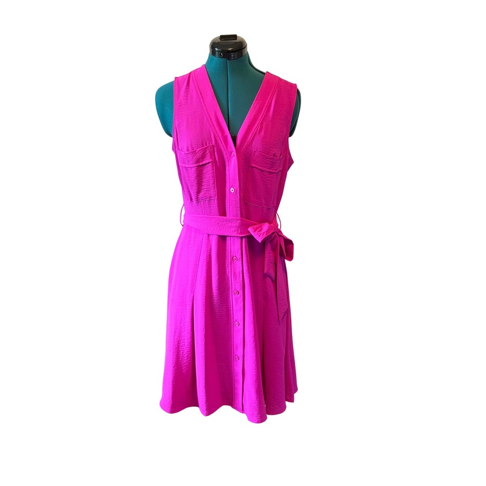 DKNY Fuchsia Pink Midi Dress Belted Pockets Womens 8‎ Wedding Guest Vacation